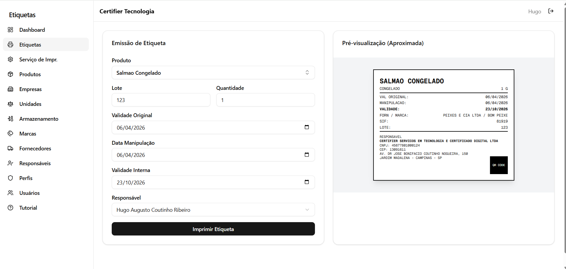 Print da Tela do Sistema Web Etiqueta Legal